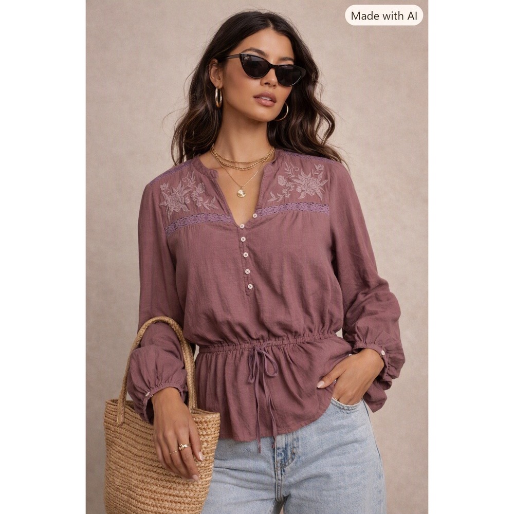 Abercrombie & Fitch Peplum Blouse Cotton Gauze Embroidered Boho Mauve Size M